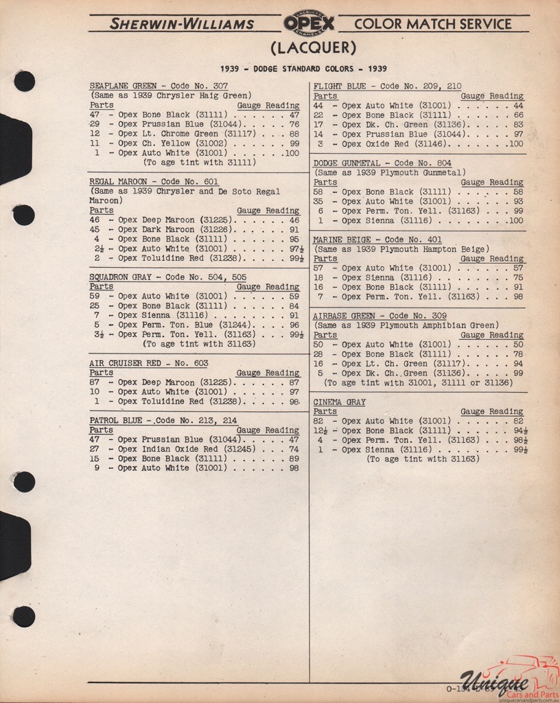 1939 Dodge Paint Charts Williams 2